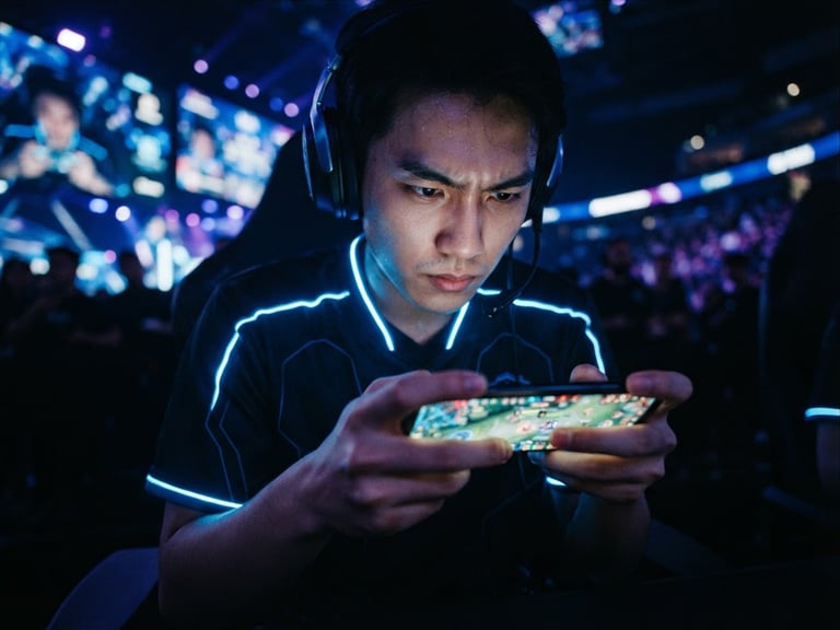 Low-angle heroic portrait of an esports player wearing a dark jersey with neon blue rim lighting, intensely focusing on a glowing mobile screen, cinematic 35mm anamorphic lens.