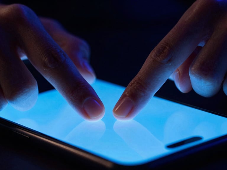 Close-up macro shot of fingers tapping on a glowing smartphone screen, intense electric blue backlights, deep shadows, cinematic esports atmosphere