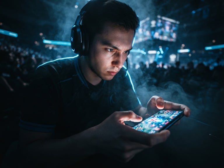Low-angle heroic portrait of an esports player holding a glowing mobile screen in a dark room, intense electric blue rim lighting, smoke atmosphere, 35mm cinematic lens