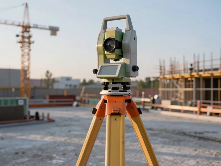 Surveying equipment, total station, and GNSS receiver on a commercial construction site at dawn, crisp daylight, high-contrast slate and orange tones, sharp focus, architectural lens