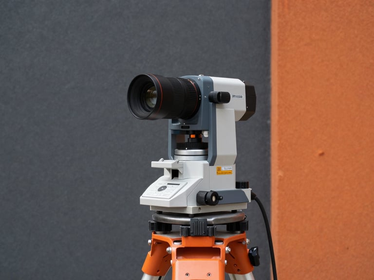 Licensed land surveyor operating dual-frequency GNSS equipment in crisp daylight, high-contrast slate and orange tones, sharp focus, architectural lens.