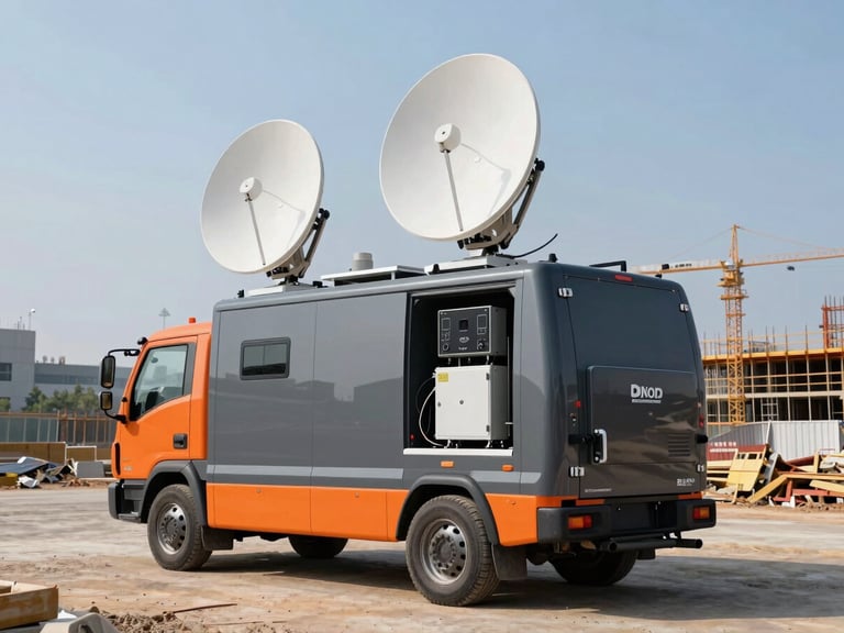 Branded Miyashiro Associates mobile ground-station vehicle with satellite dishes and processing units, parked on a construction site under clear morning light, high-contrast slate and orange tones, sharp focus, architectural lens.