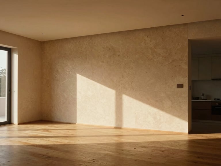 Cinematic wide-angle architectural shot of a double-height living room, warm travertine walls, soft morning light casting long shadows across raw oak floors.