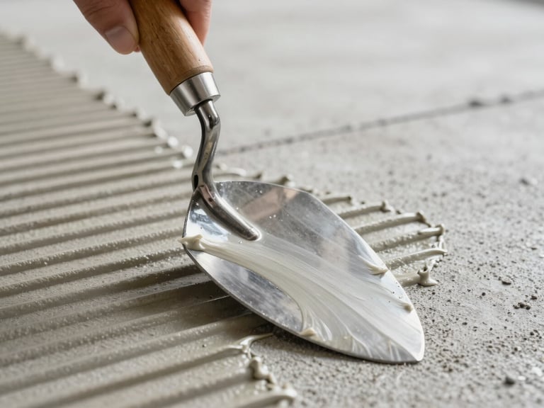 Macro shot of a metal mortar trowel spreading thinset adhesive in perfect, straight parallel ridges on a concrete floor, bright daylight, technical precision