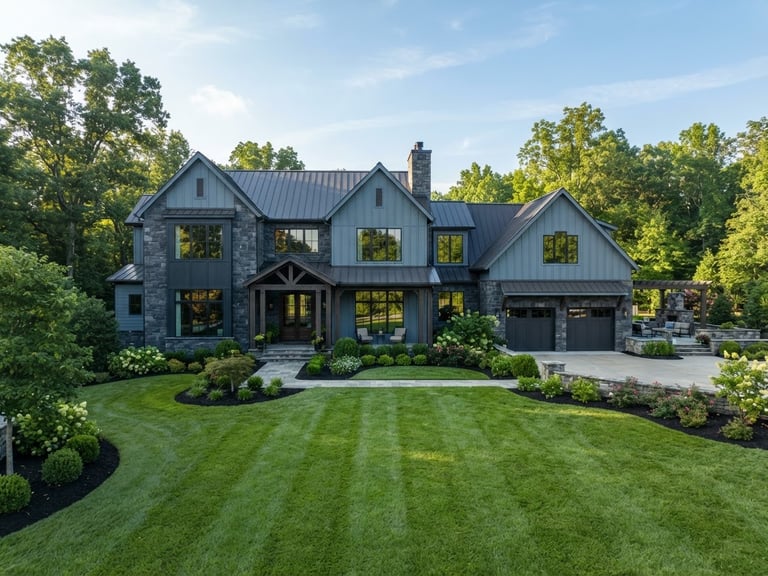 Pristine residential estate in Middle Tennessee, clean glass windows reflecting soft morning light, manicured lawn, architectural photography, 35mm lens