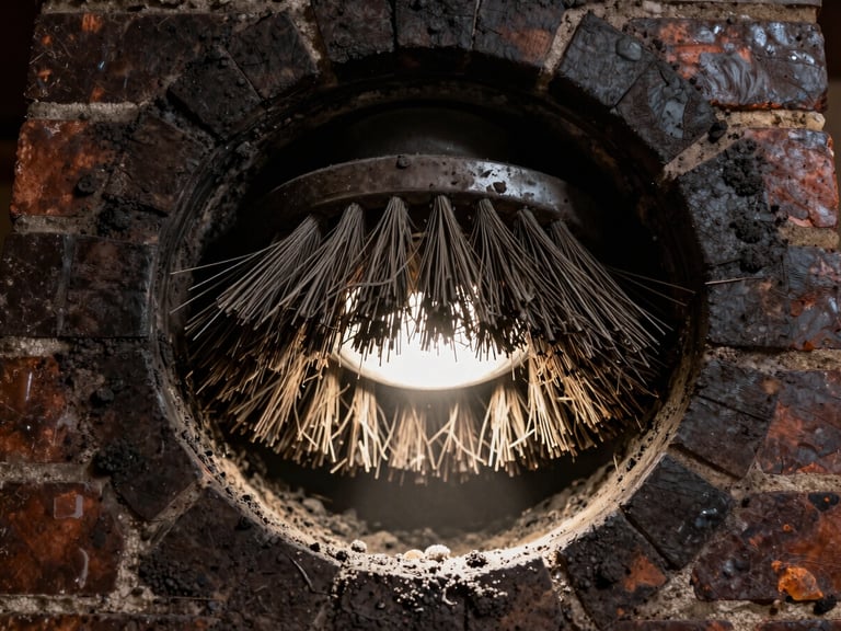 A close-up view inside a dark brick chimney flue, with heavy metal brush bristles scrubbing away soot, illuminated by a sharp beam of light from below.