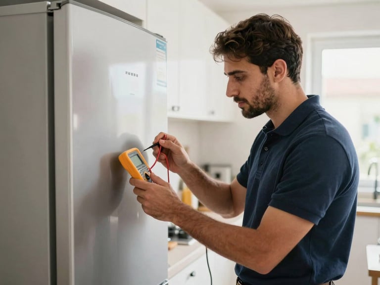 A professional Egyptian technician in a clean navy blue polo shirt carefully inspecting the back panel of a modern silver refrigerator in a bright domestic kitchen, natural morning light, focused on hands holding a digital multimeter