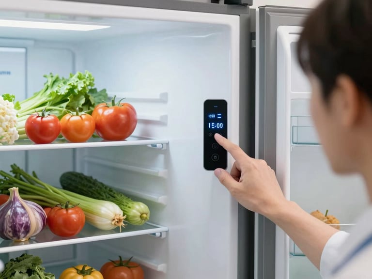 A clean, modern refrigerator door showing fresh vegetables inside, with a professional technician's hand adjusting the digital temperature control panel, bright domestic lighting.