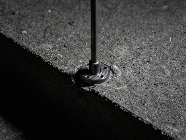 Macro detail shot of precision joint sealing on a concrete slab, high-contrast architectural lighting, sharp material textures, deep charcoal tones, 35mm film