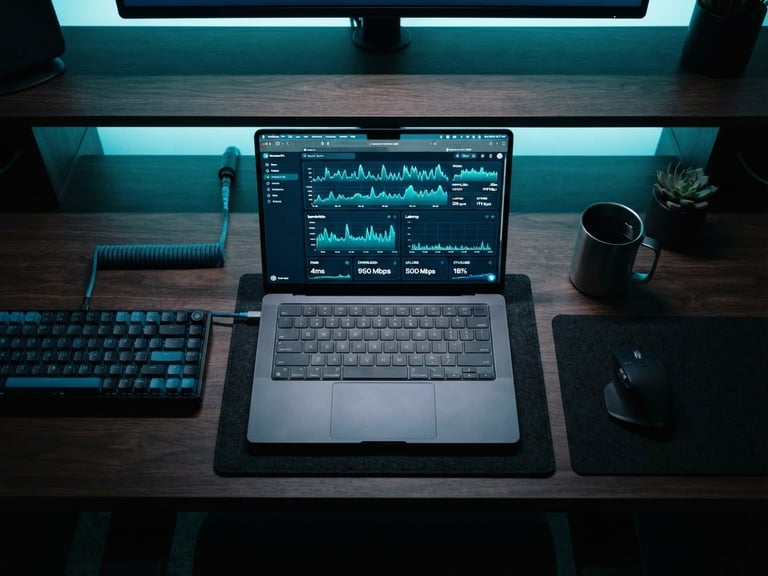 Overhead desk setup with a high-end laptop showing server speed metrics, cool blue and teal ambient lighting, clean tech photography, 35mm
