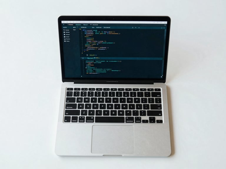 Overhead desk setup with a high-end laptop displaying clean code, cool blue and teal screen glow, sharp focus, 35mm