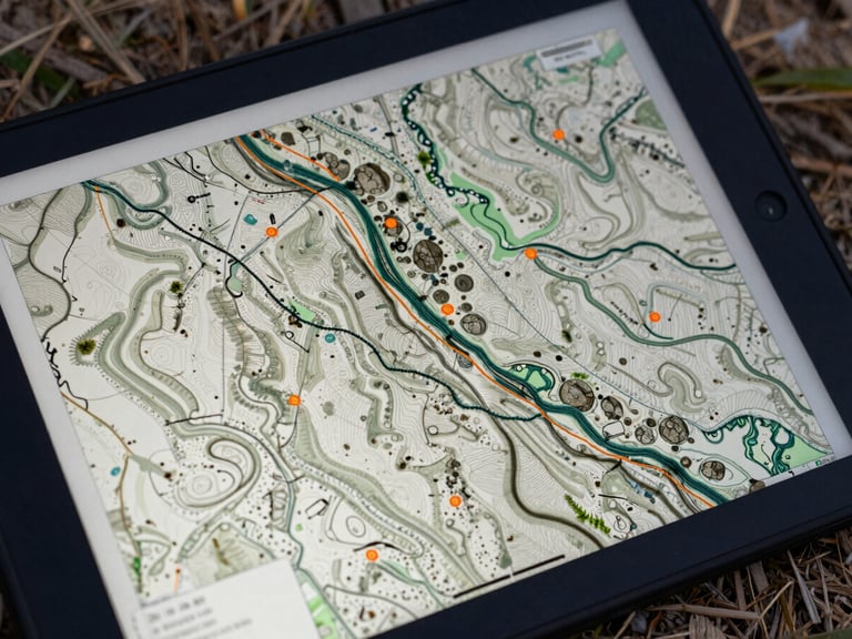 Close-up of a rugged field tablet displaying a complex GIS topographic map overlay with orange coordinates, natural outdoor lighting.