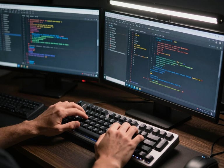 Overhead close-up of a developer's hands on a mechanical keyboard, dual monitors showing a dark-themed web UI with code panels and a live preview, cool fluorescent overhead light, precise and technical framing