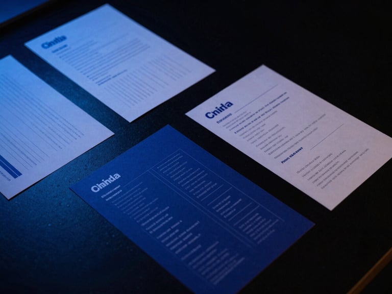 Overhead view of a designer's desk with brand guideline mockups, high-contrast shadows, electric blue accents on a dark surface.