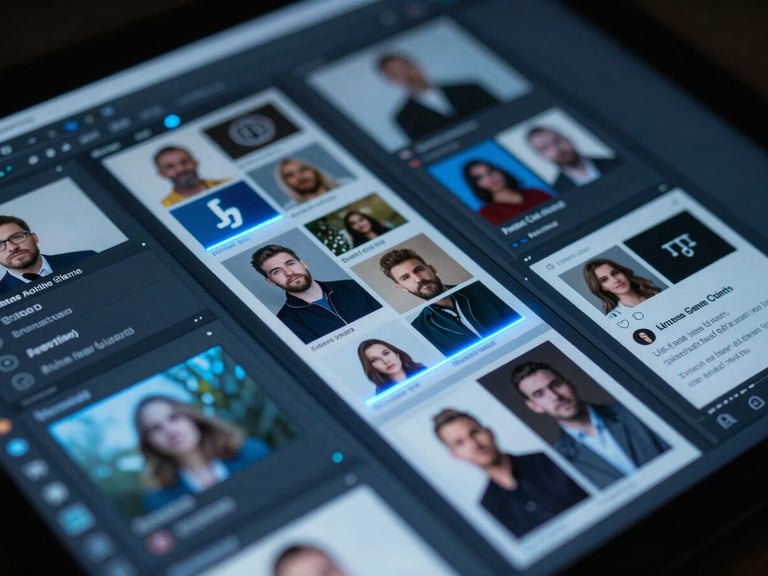 Close-up of a design software interface showing social media post layouts, with blue neon highlights, sharp screen details.