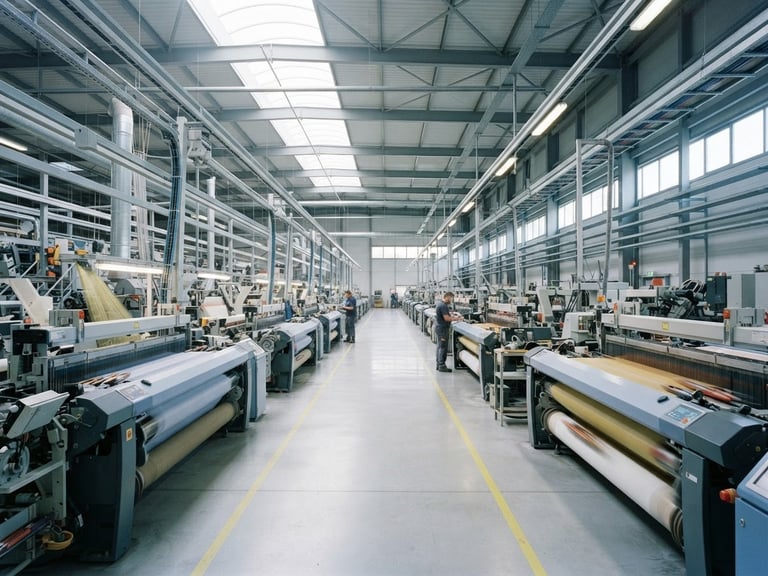 Wide-angle view of a modern high-scale textile factory floor, massive automated weaving looms lined up in perspective, clean concrete floor, cool steel and slate tones, bright daylight from high skylights, sharp focus, 35mm