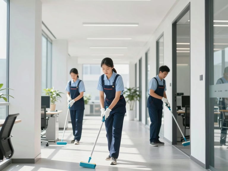 Professional uniformed cleaning staff performing daily office cleaning, bright modern office interior, clean natural daylight, crisp cool tones, sharp focus, professional architectural framing.