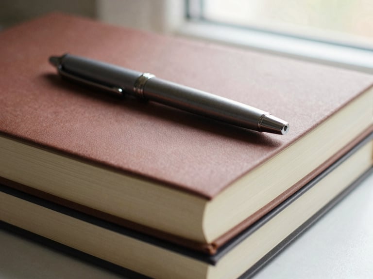 Stack of custom-branded matte paper notebooks with a premium pen, soft natural window light, rich textured tones, shallow depth of field, 35mm