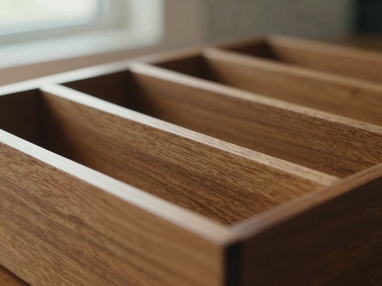 Close-up of a polished wooden desk organizer with subtle grain, soft natural window light, rich textured tones, shallow depth of field, 35mm