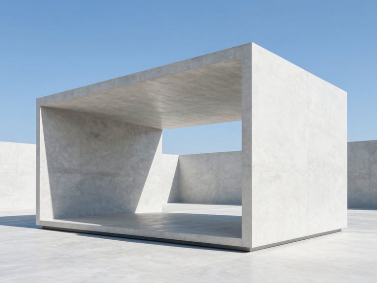 Modern minimalist architectural concrete pavilion with sharp shadows, bright daylight, blue sky reflection, 35mm