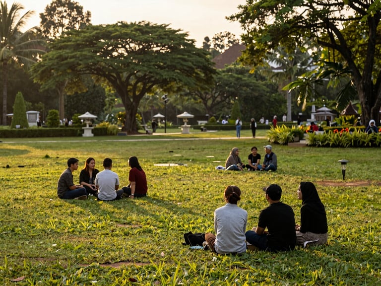 Serene view of a quiet European garden or park at golden hour, a small group of Malaysian travelers respectfully taking a break, unposed.