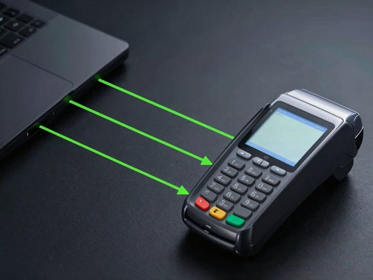 Sleek technical diagram of local data flow between a POS monitor and a physical card terminal, neon green signal paths, high-contrast dark slate background, sharp focus