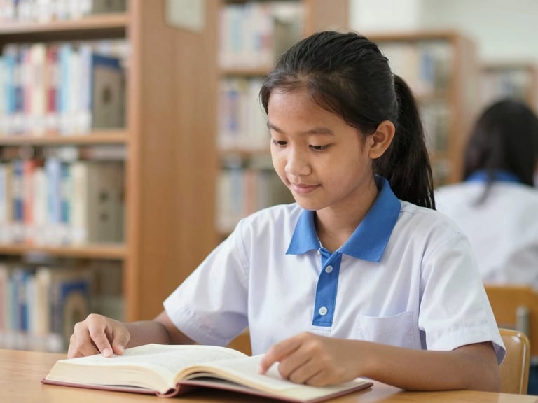 Dignified portrait of a 14-year-old Indonesian girl in a blue and white junior high school uniform, reading a book in a bright library, soft focus