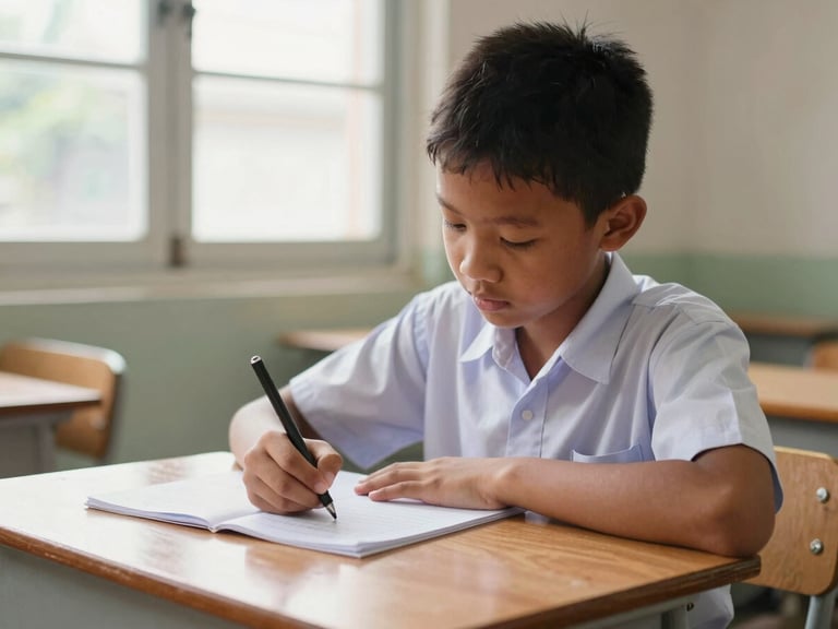 A young Indonesian boy in elementary school uniform writing on a wooden desk under warm natural window light, focused and proud