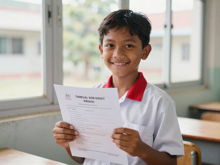 Eye-level medium shot of an Indonesian schoolchild in a clean white and red uniform, smiling proudly while holding a school report card, bright natural daylight from a classroom window, shallow depth of field, 35mm
