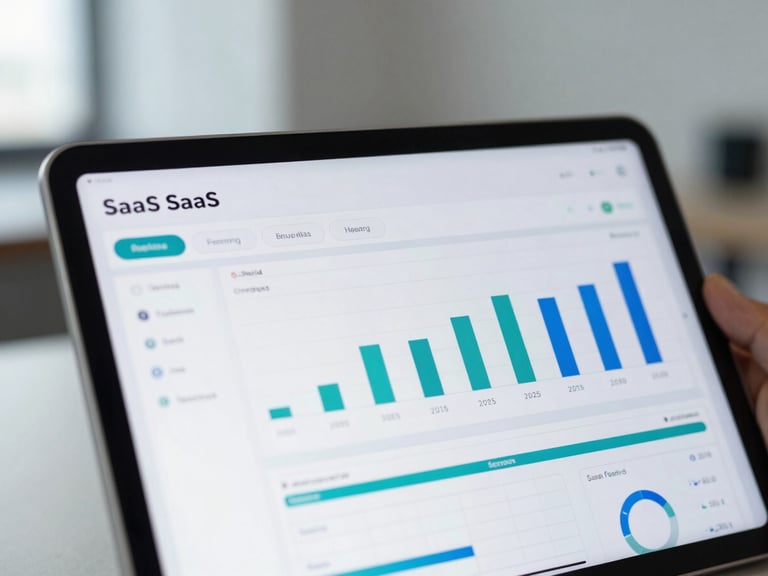 Close up of a tablet screen showing real-time SaaS analytics dashboard, sharp focus, cool tech tones, modern office background.