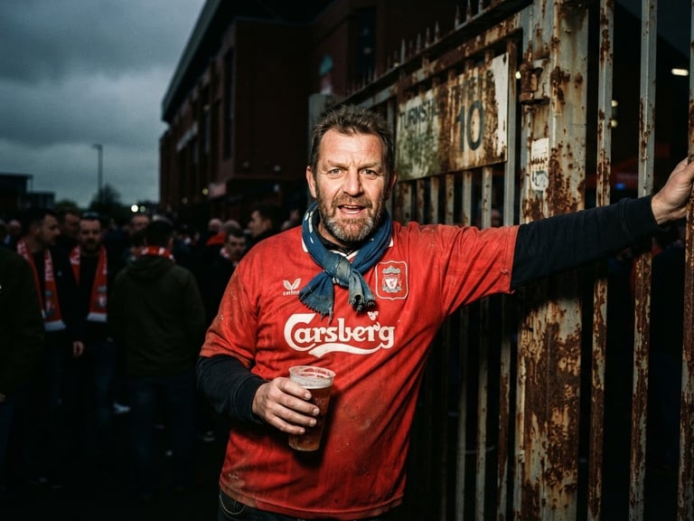 Raw 35mm film photograph of a football fan in a retro red shirt leaning against a rusted stadium gate, direct flash, heavy grain, overcast day
