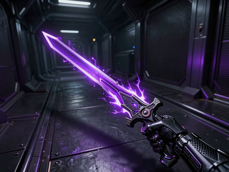 Dramatic gameplay capture of a fast-paced cybernetic action game, electric purple sword trail slashing across a dark metallic corridor, high contrast shadows