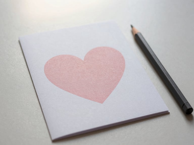 Overhead shot of a single Herbie Heart greeting card resting on thick, recycled paper, with a soft charcoal pencil beside it, gentle morning light, shallow depth of field, 35mm.