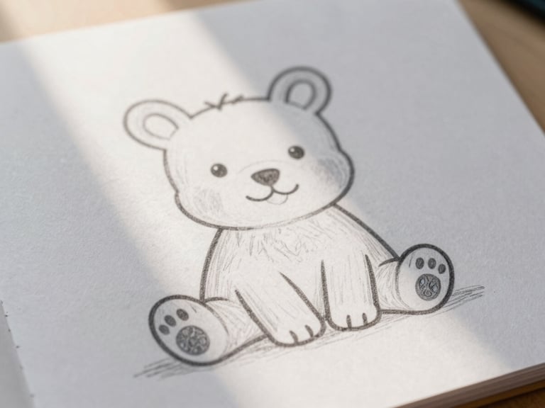 Close-up of a hand-drawn Herbie Heart coloring page, uncolored, featuring a single Herbie character sitting quietly, emphasizing raw pencil lines and paper texture, soft light.