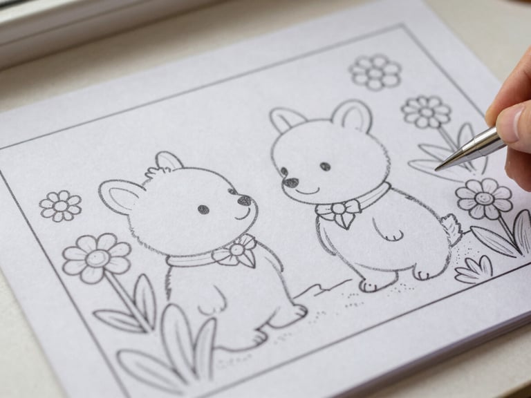 Close-up overhead shot of a hand-drawn Herbie Heart coloring page, uncolored, showing Herbie among garden flowers, soft pencil lines visible, on thick recycled paper, morning light.