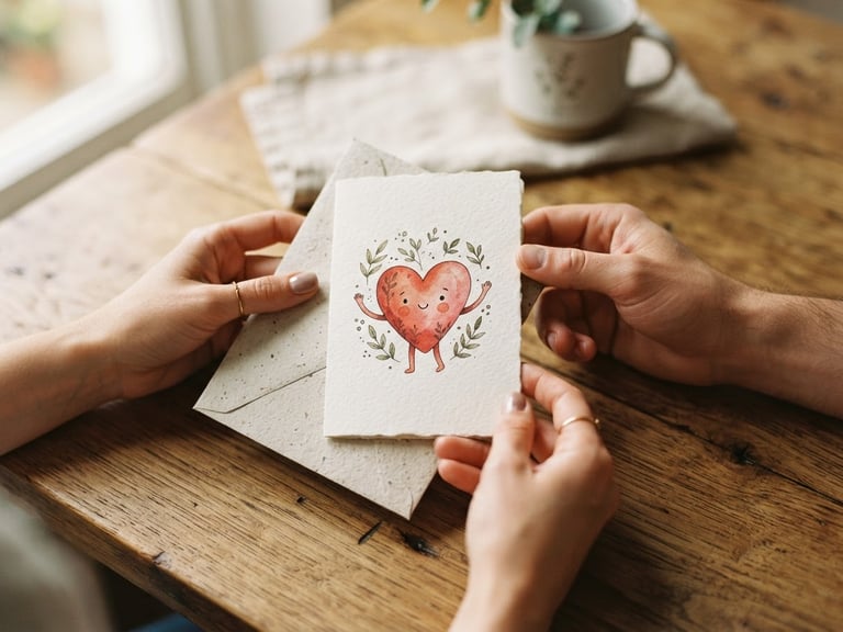 Overhead shot of hands gently holding a Herbie Heart card on a recycled paper envelope, soft morning light, wooden table, shallow depth of field, warm editorial photography.