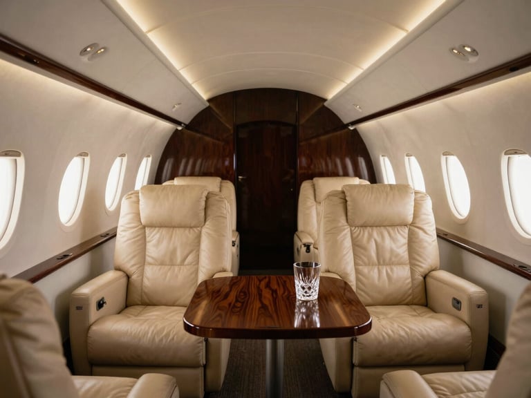 Cinematic wide-angle interior shot of an empty luxury business jet cabin, soft cream leather detailing, warm overhead reading lights, mahogany folding table with a crystal glass.