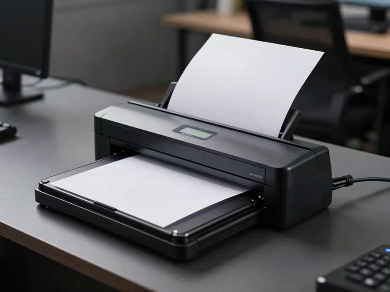A clean physical workspace featuring a high-speed document scanner, a dark gray desk surface, and structured cable routing under dim, focused office lighting