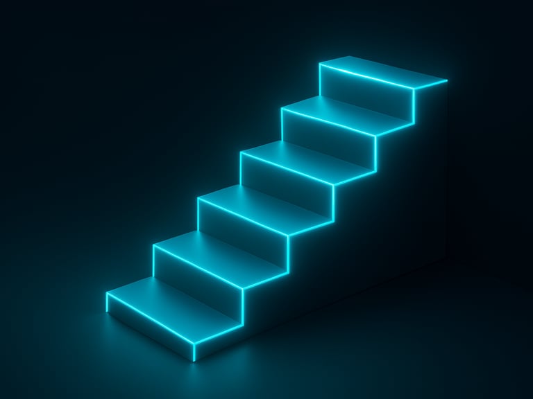 An abstract 3D render of geometric steps leading upwards, illuminated by a soft cyan neon light, representing structured learning.