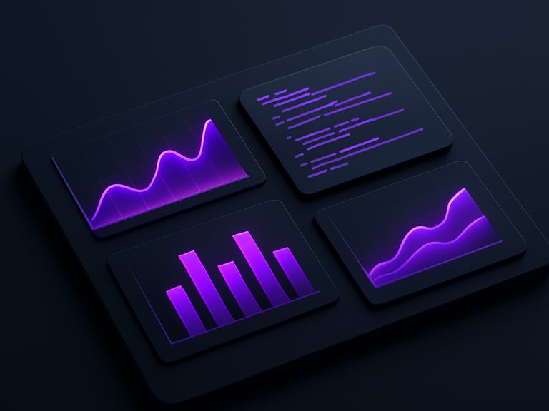 An isometric dark-mode software interface mockup, glowing purple data graphs and clean code blocks, high-contrast 3D render.
