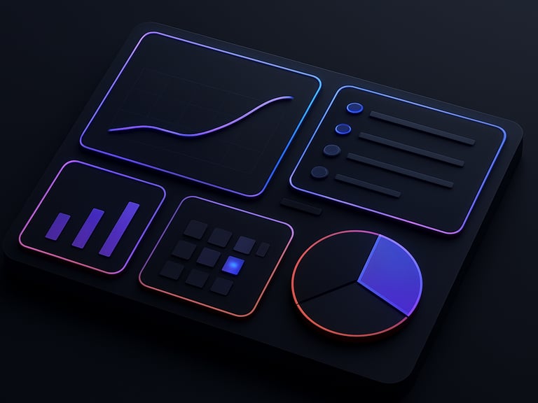 A dark-mode productivity dashboard mockup with clean minimalist panels, glowing accent borders, showing a streamlined workspace.