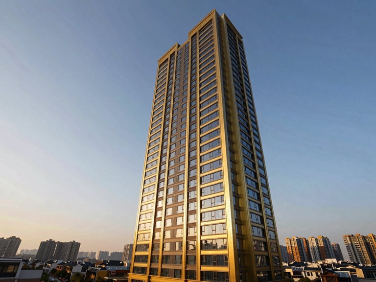 Heroic low-angle shot of the 'Grand Ascent' luxury residence tower, showcasing its gold-accented facade and panoramic city views at dawn, sharp focus.