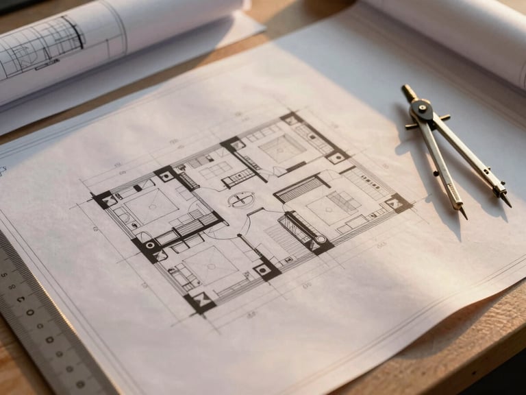 Overhead shot of a clean architectural blueprint on a desk, with a golden hour light source casting long shadows, a compass and ruler visible.