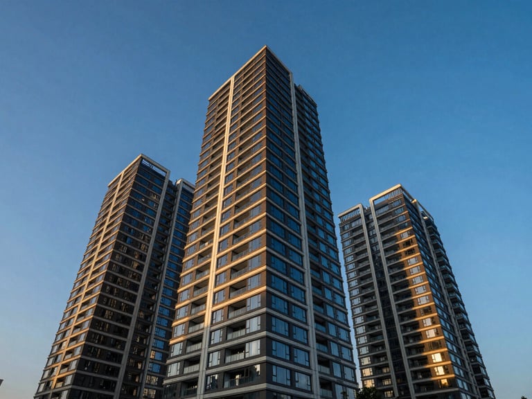Wide-angle architectural shot of a modern, newly redeveloped high-rise building at golden hour, sharp geometric lines, deep blue sky, low horizon.