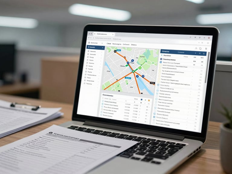 Laptop screen displaying a CRM interface with route maps and dispatch queue tables, placed on a logistics office desk with printed manifests visible, cool fluorescent lighting