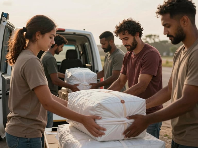 Diverse volunteers loading relief packages into a transport vehicle under soft morning light, authentic and unposed, rich earth tones.