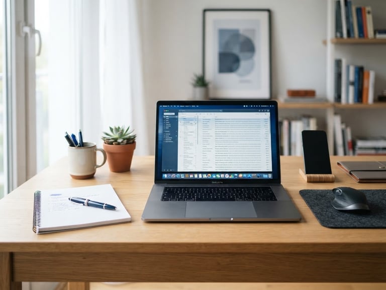 Clean professional photography of a modern home office desk in bright neutral daylight, a laptop showing an open email inbox, a clean notepad with a pen, crisp blue and gray tones, sharp focus, 35mm