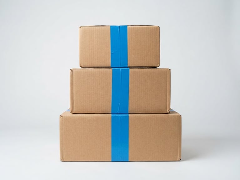 bright high-key product photography, clean light gray background, even studio lighting, sharp focus, 50mm, a neat stack of cardboard shipping boxes with a vibrant blue shipping tape