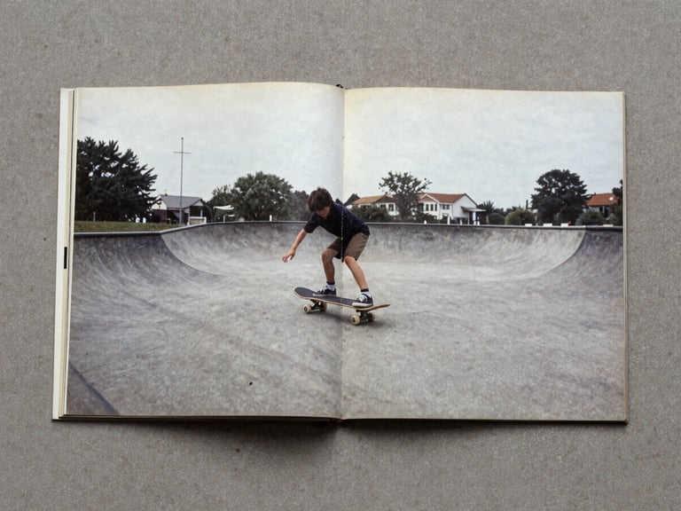 Archival scan of a Belgian skate zine from the 90s, open on a concrete surface, desaturated tones, 35mm skate photography.