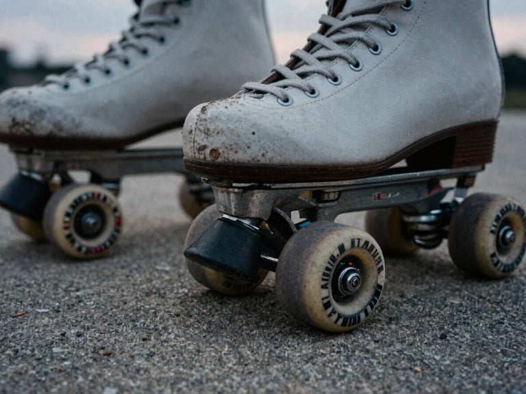 Extreme close-up of worn roller skate wheels and grind plates on a textured concrete surface, moody twilight, gritty film photography.